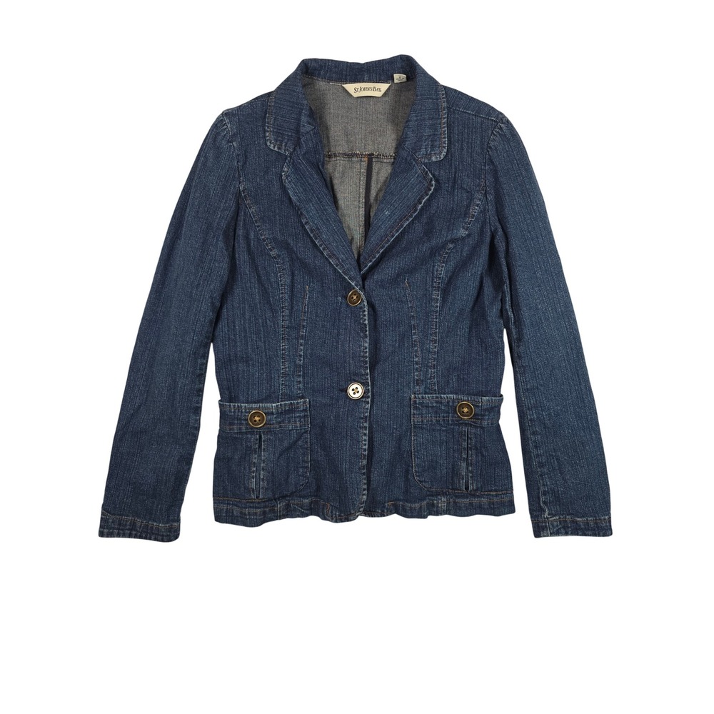 Denim Blazer Jean Jacket Stretch Two Button Medium Casual Chic Dark Wash Y2K